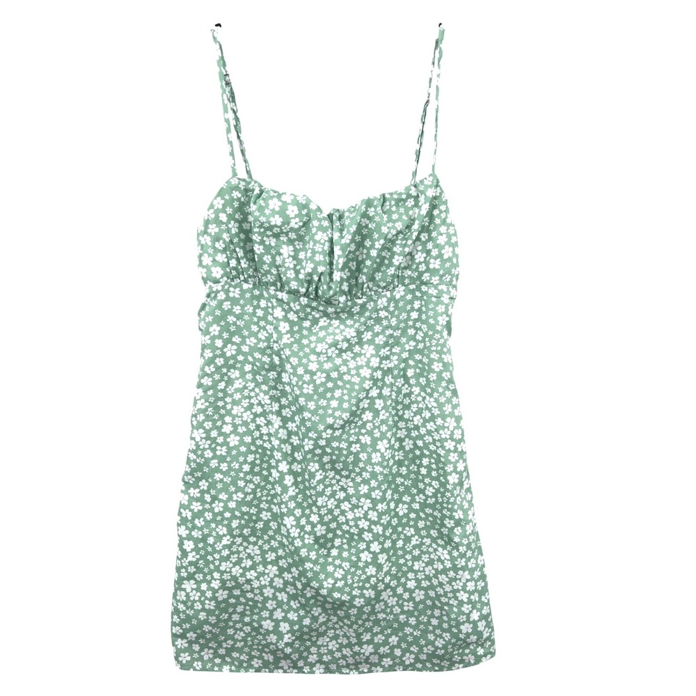 Princess Polly Strappy Floral Mini Dress Size 6 Green Ruched Smocked Summer